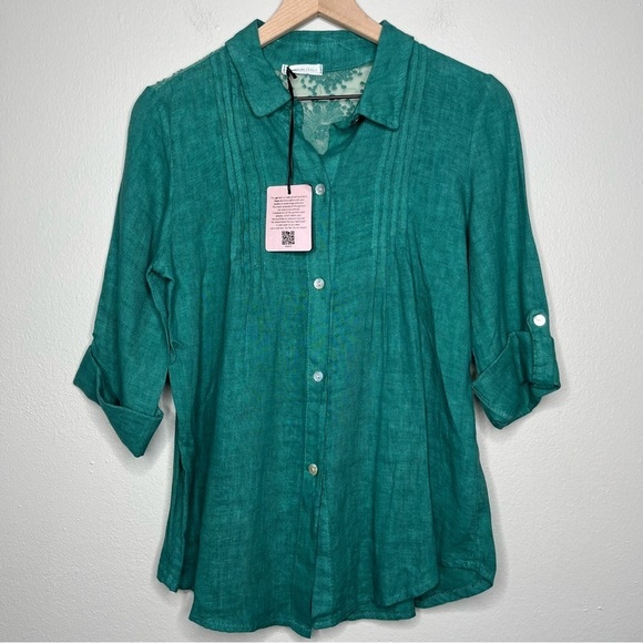 NEW Made in Italy 100% Linen Button Down Top Small‎ Green Mesh Sequin 1/2 Sleeve - Picture 1 of 11